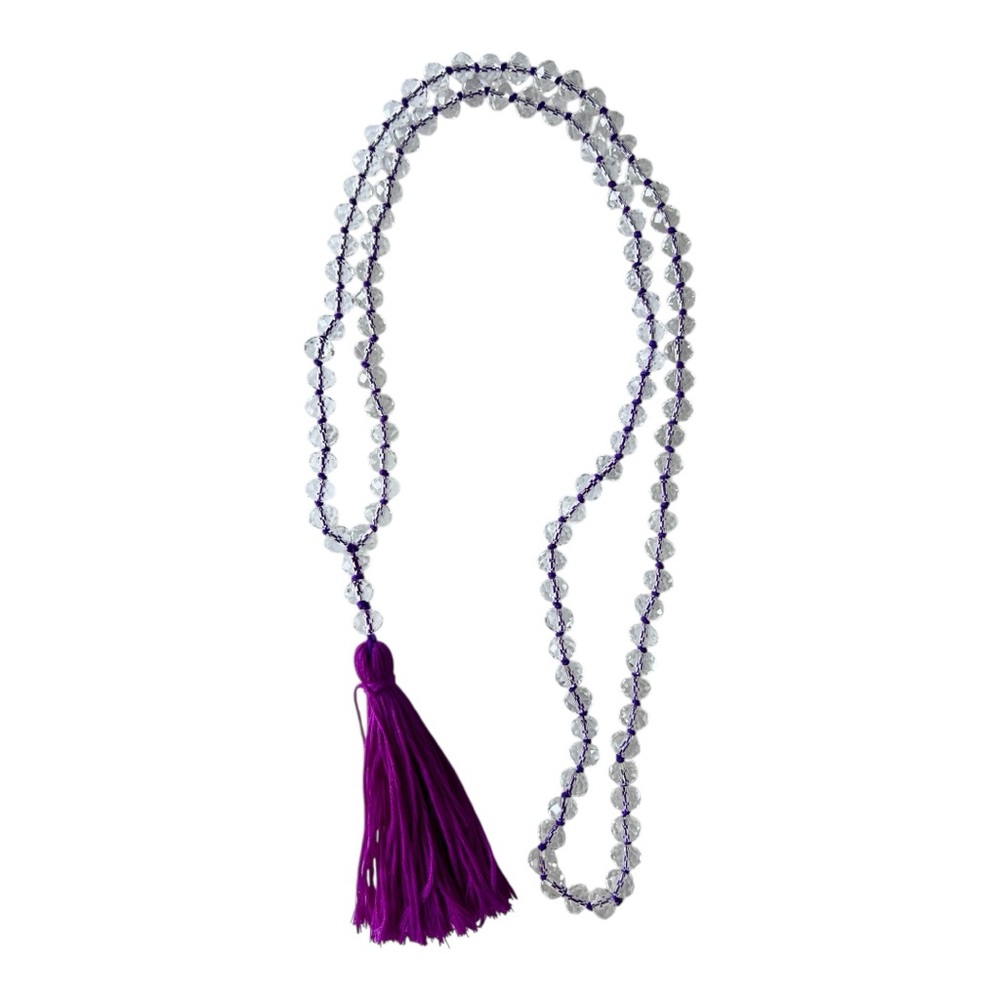 Elegant Mala Purple Tassel Necklace with Crystal Glass Beads Hand Knotted